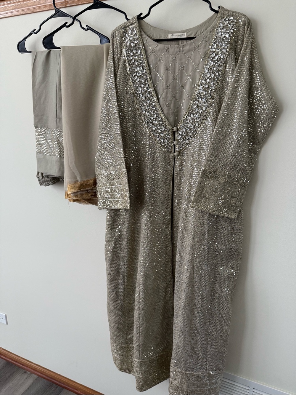 Embellished Taupe Sequin Long Nightgown